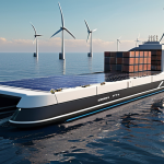 **

> Futuristic autonomous cargo ship sailing on a calm sea, powered by wind turbines and solar panels, with a smart port skyline in the background. Focus on sustainable technology and efficiency.

**