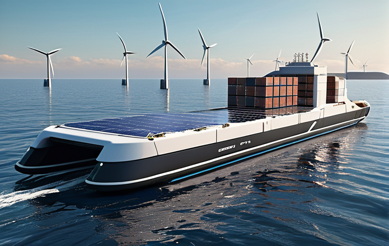 **
> Futuristic autonomous cargo ship sailing on a calm sea, powered by wind turbines and solar panels, with a smart port skyline in the background. Focus on sustainable technology and efficiency.
**