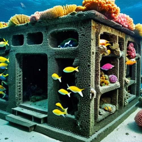 **Artificial Reef Underwater Scene:** A vibrant underwater scene at Neeltjes Jans in Zeeland, Netherlands, showcasing artificial reefs made from old caissons teeming with colorful fish, coral, and marine life. Divers exploring the structure.