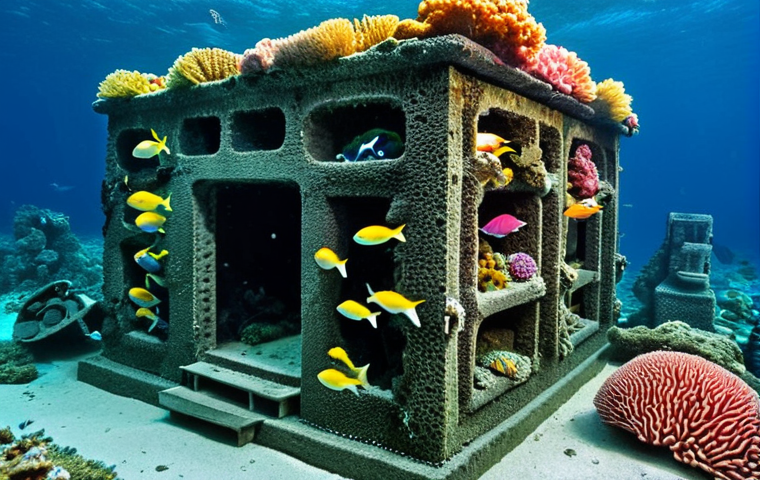 **Artificial Reef Underwater Scene:** A vibrant underwater scene at Neeltjes Jans in Zeeland, Netherlands, showcasing artificial reefs made from old caissons teeming with colorful fish, coral, and marine life. Divers exploring the structure.